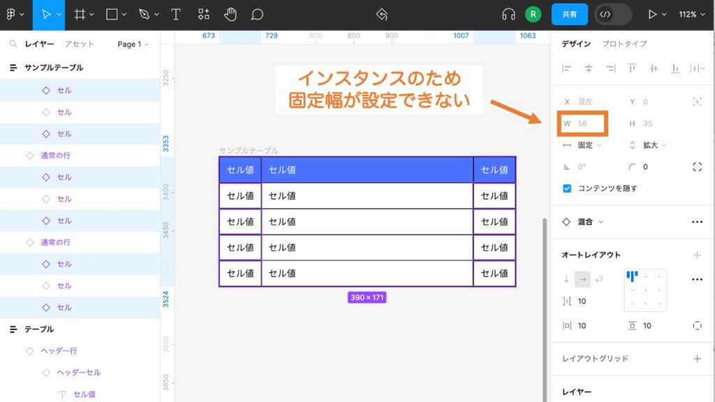 インスタンスだと固定幅の設定ができない